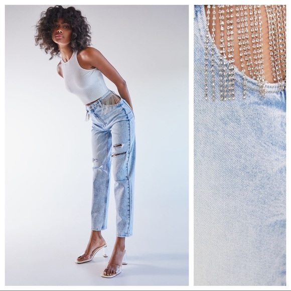 NWT. Bershka Blue High Waisted Mom Jeans with Cut-Out/Rhinestone Details Size 2. - Picture 1 of 10